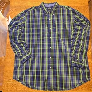 Chaps Mens 3XLT Blue Green Plaid Stretch Easy Care Long Sleeve Cotton Blend